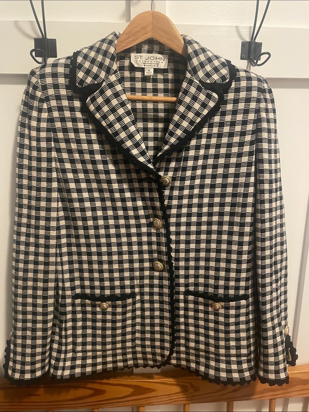 St. John Black and White Checked Knit Blazer with Gold Buttons - Must Have